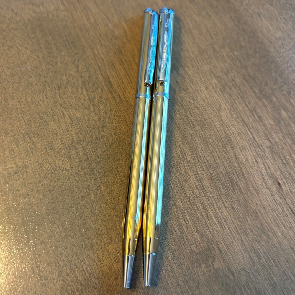 Quill Vtg Gold Tone Pinstripe Ballpoint Pens* (2) Slim Silver Clip Made in USA